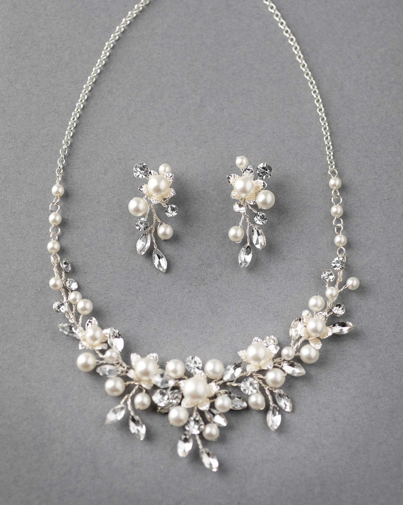 Flowers and Pearls Bridal Necklace and Earrings - Necklace Set - Cassandra Lynne