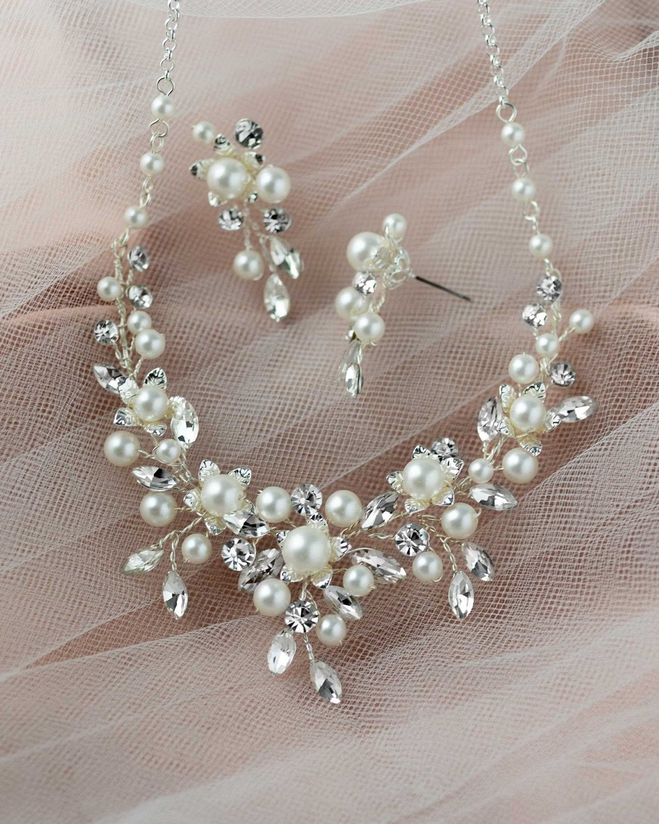 Flowers and Pearls Bridal Necklace and Earrings - Necklace Set - Cassandra Lynne
