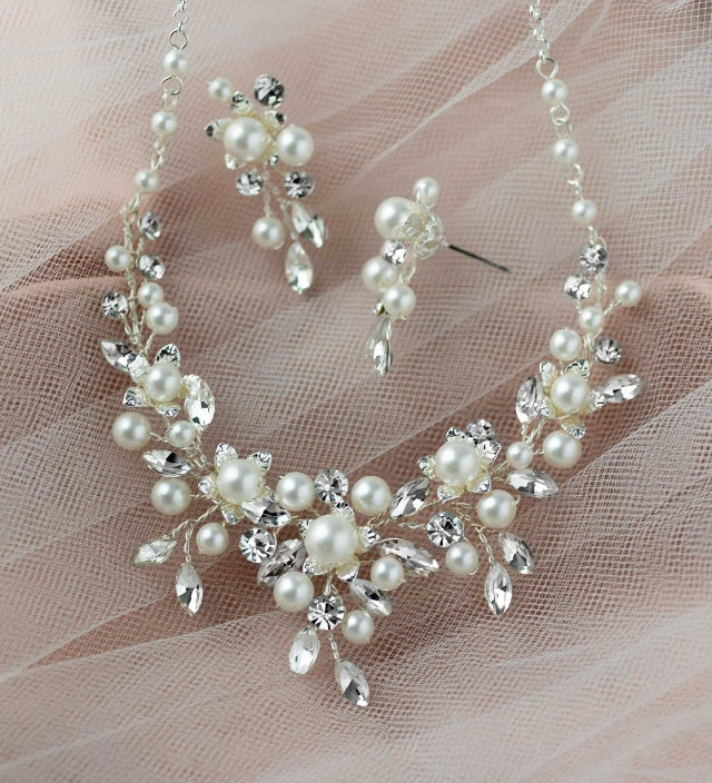 Flowers and Pearls Bridal Necklace and Earrings - Necklace Set - Cassandra Lynne