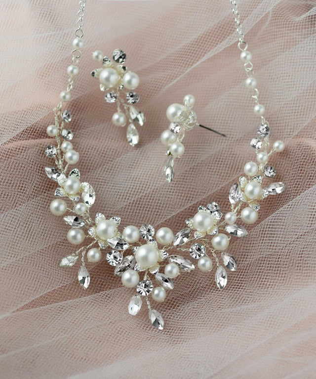 Flowers and Pearls Bridal Necklace and Earrings - Necklace Set - Cassandra Lynne