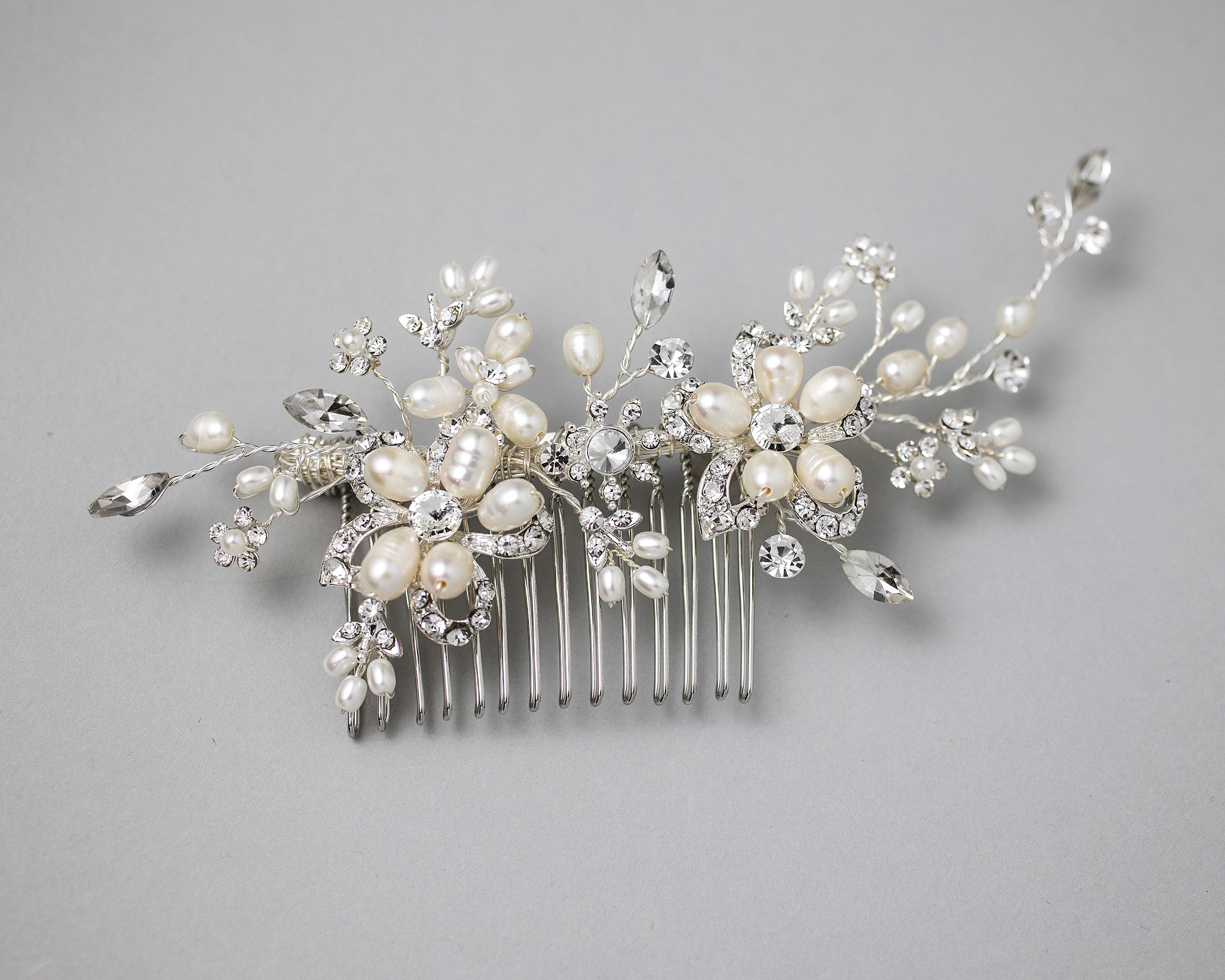 Bridal Hair Comb with Pearl Rhinestone Flowers - Cassandra Lynne