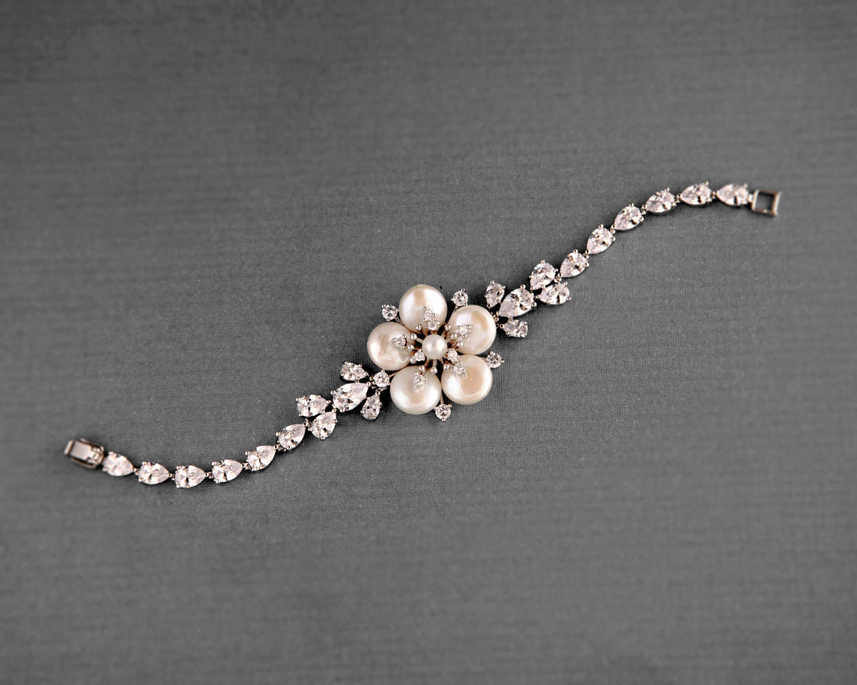 Freshwater Pearl Flower and CZ Bracelet - Cassandra Lynne