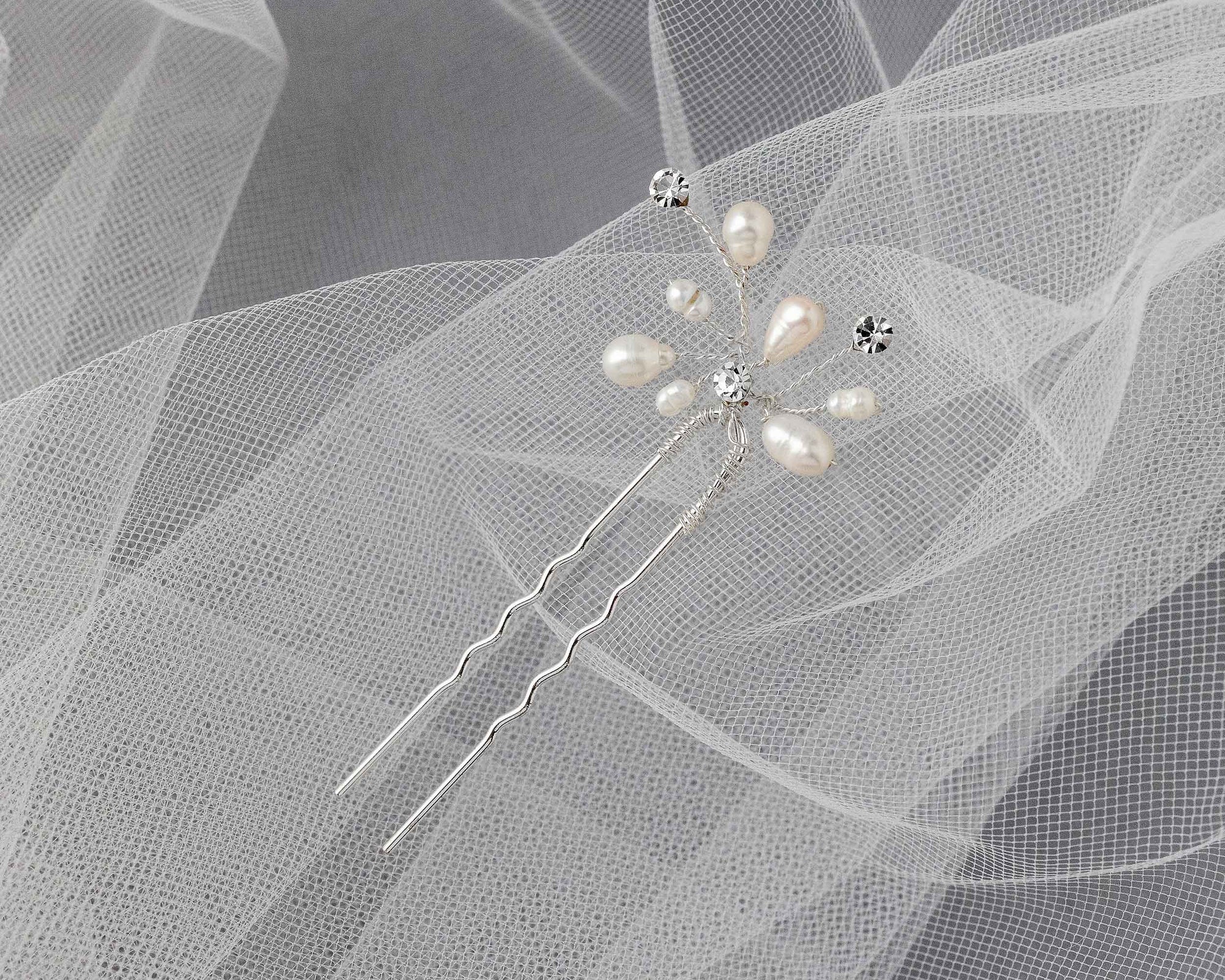 Bridal Hair Pin of Freshwater Pearls and Jewels