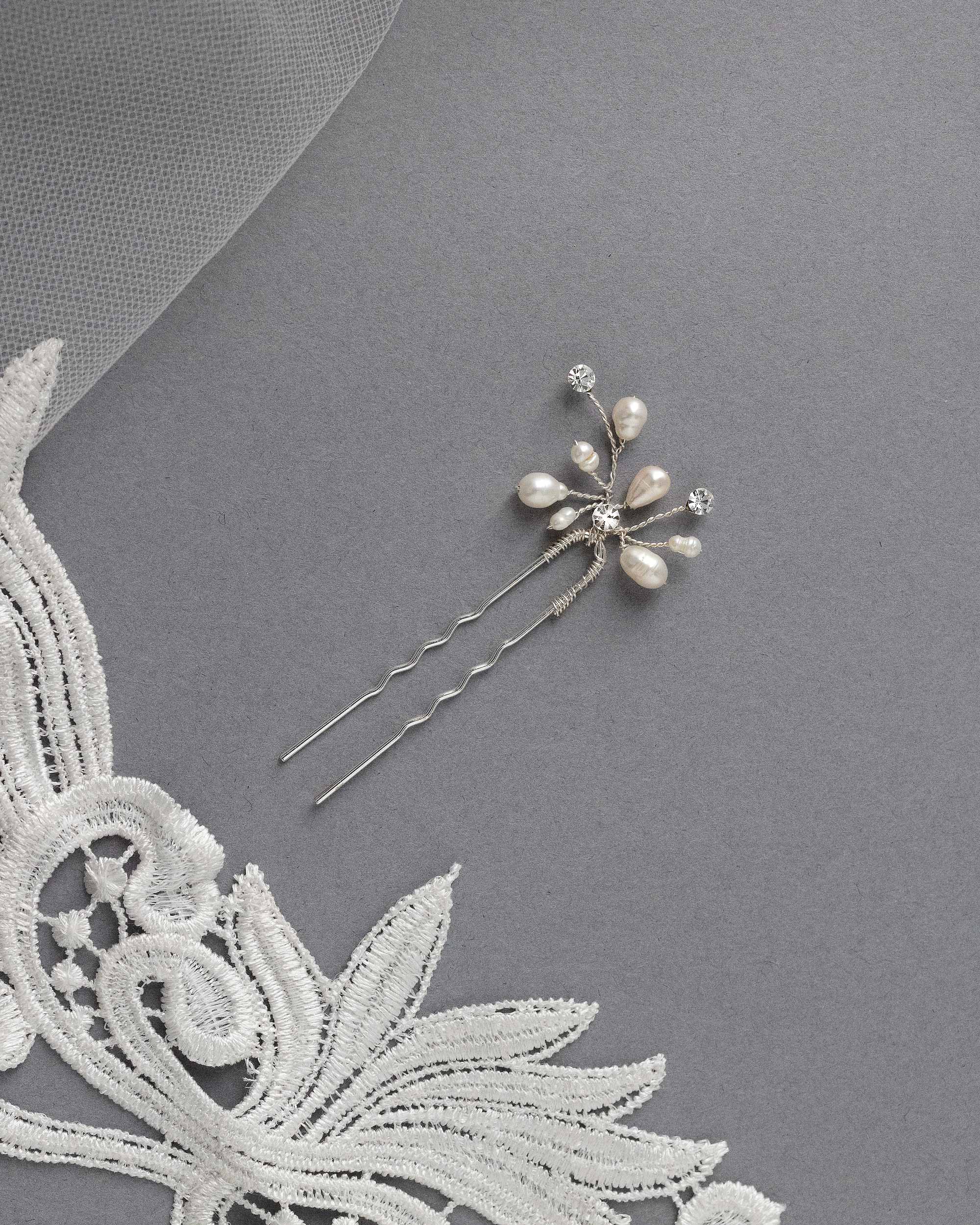 Bridal Hair Pin of Freshwater Pearls and Jewels