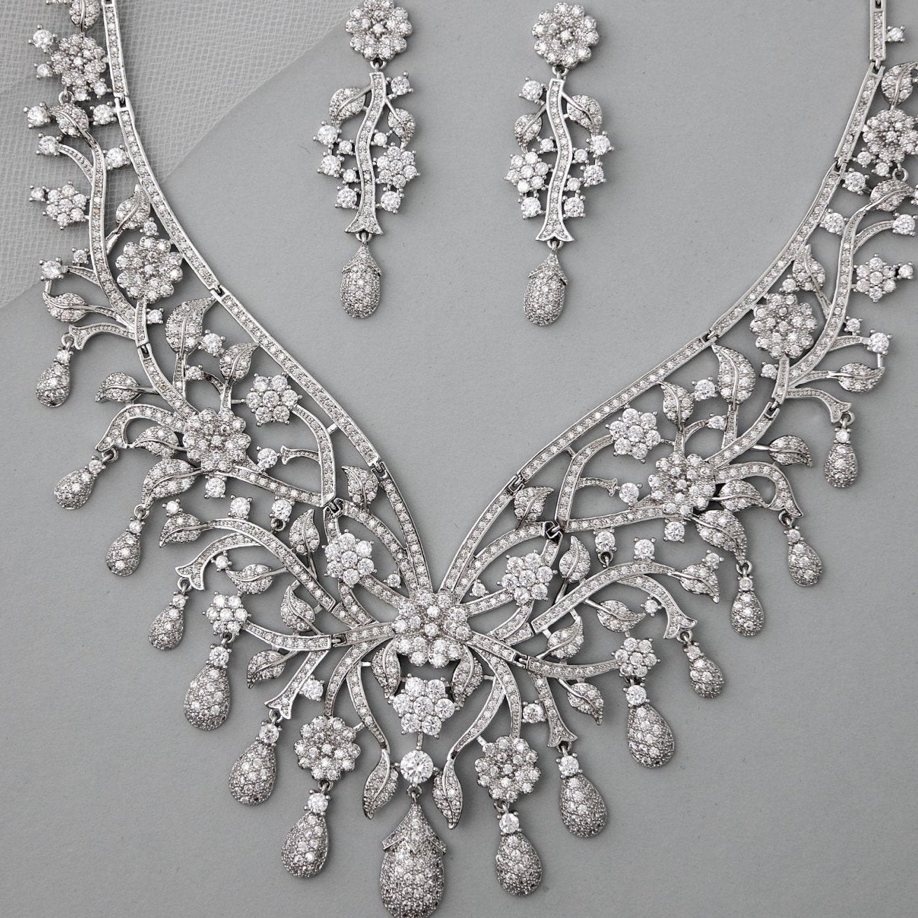 Glamorous Collar Style Floral CZ Necklace Set - Necklace Set - Cassandra Lynne