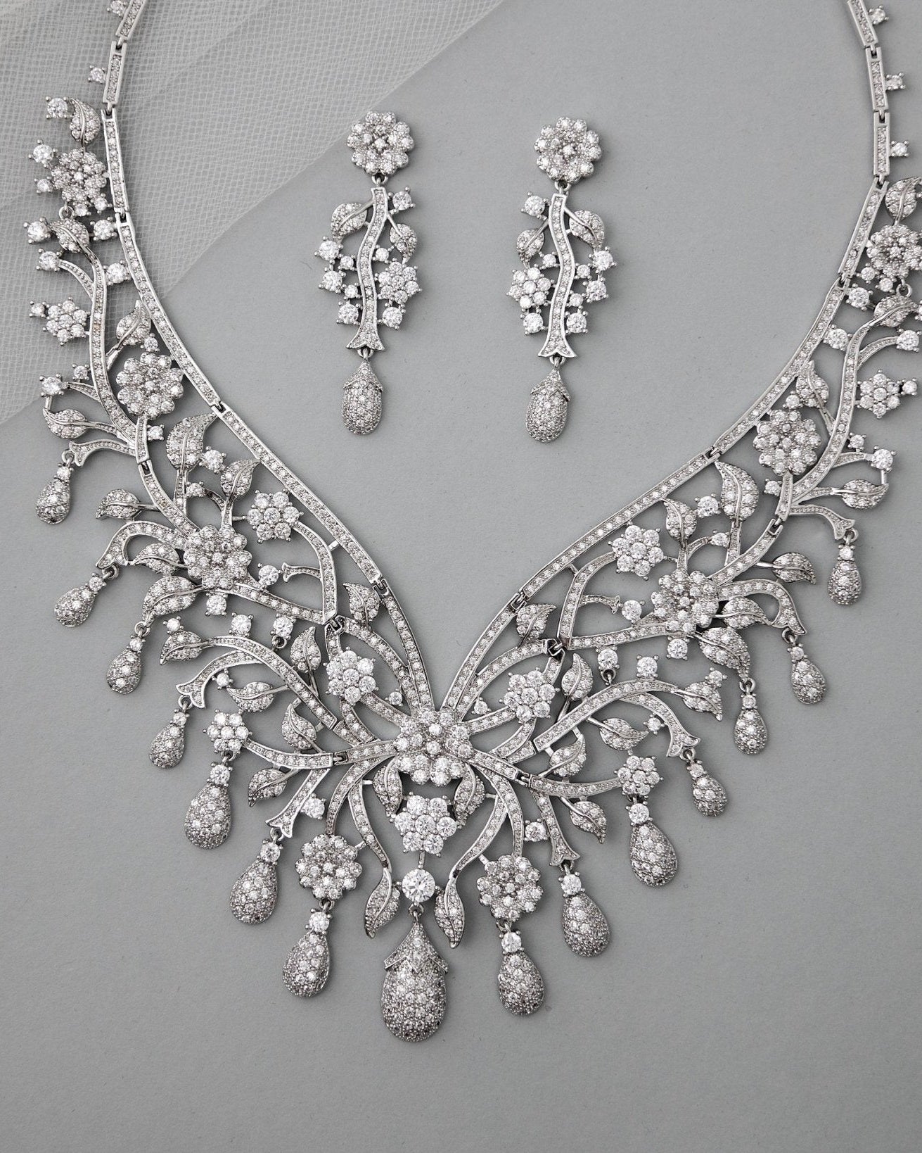 Glamorous Collar Style Floral CZ Necklace Set - Necklace Set - Cassandra Lynne
