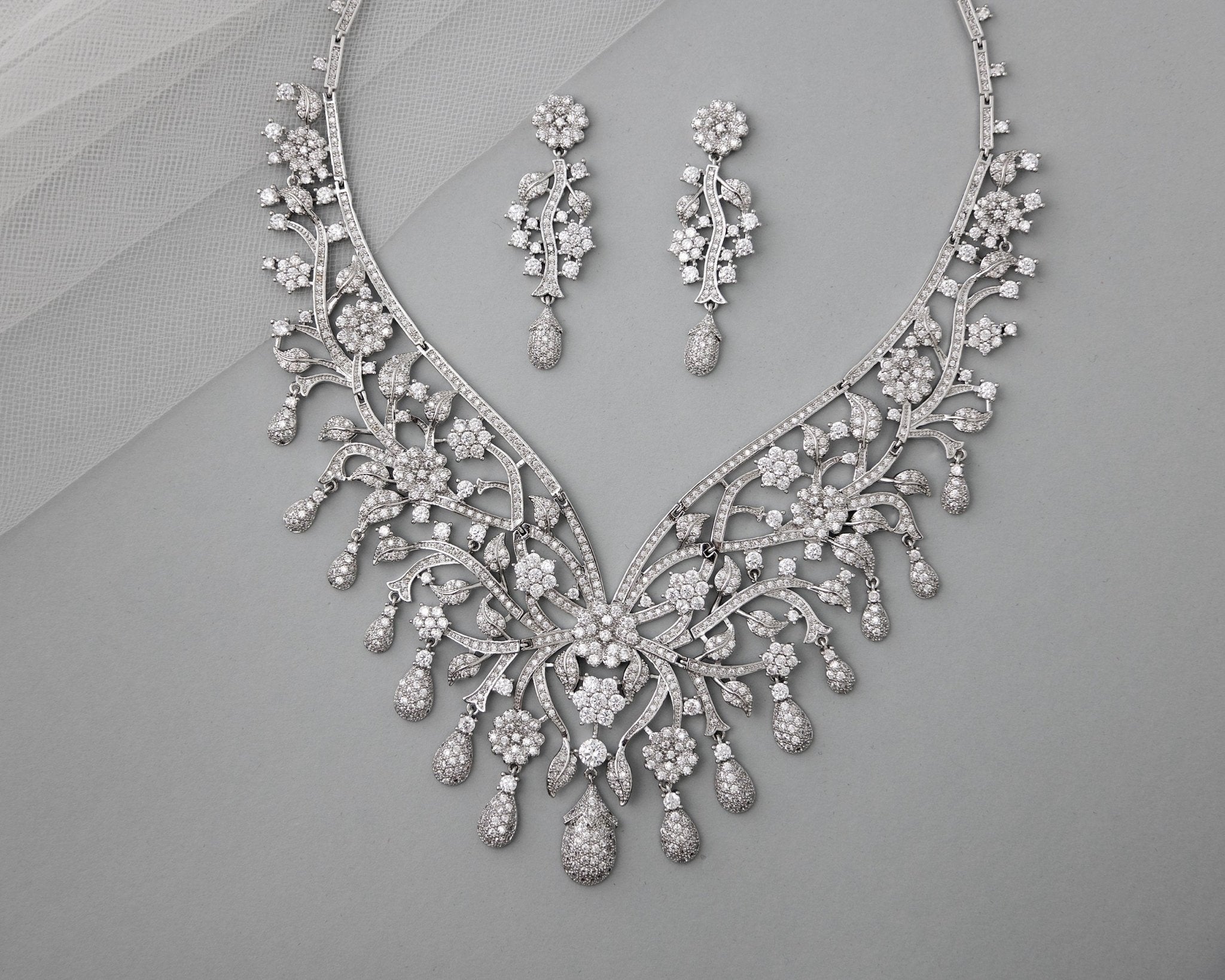 Glamorous Collar Style Floral CZ Necklace Set - Necklace Set - Cassandra Lynne