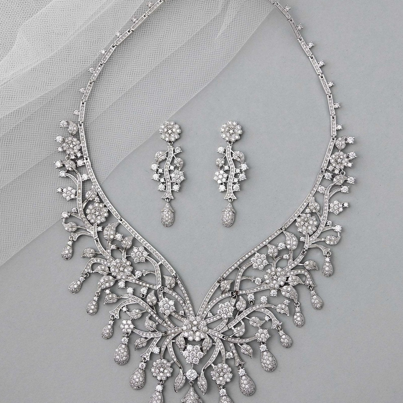 Glamorous Collar Style Floral CZ Necklace Set - Necklace Set - Cassandra Lynne