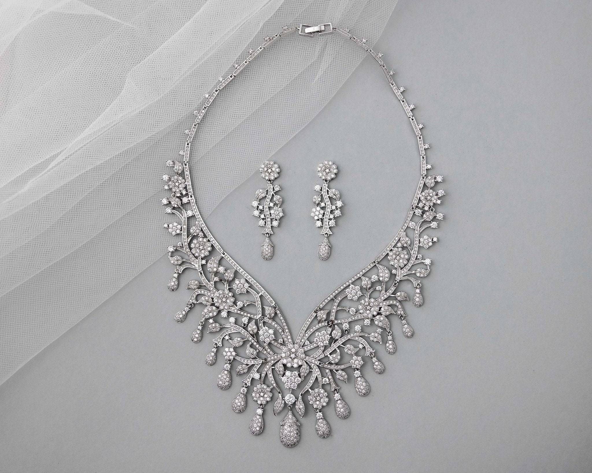 Glamorous Collar Style Floral CZ Necklace Set - Necklace Set - Cassandra Lynne