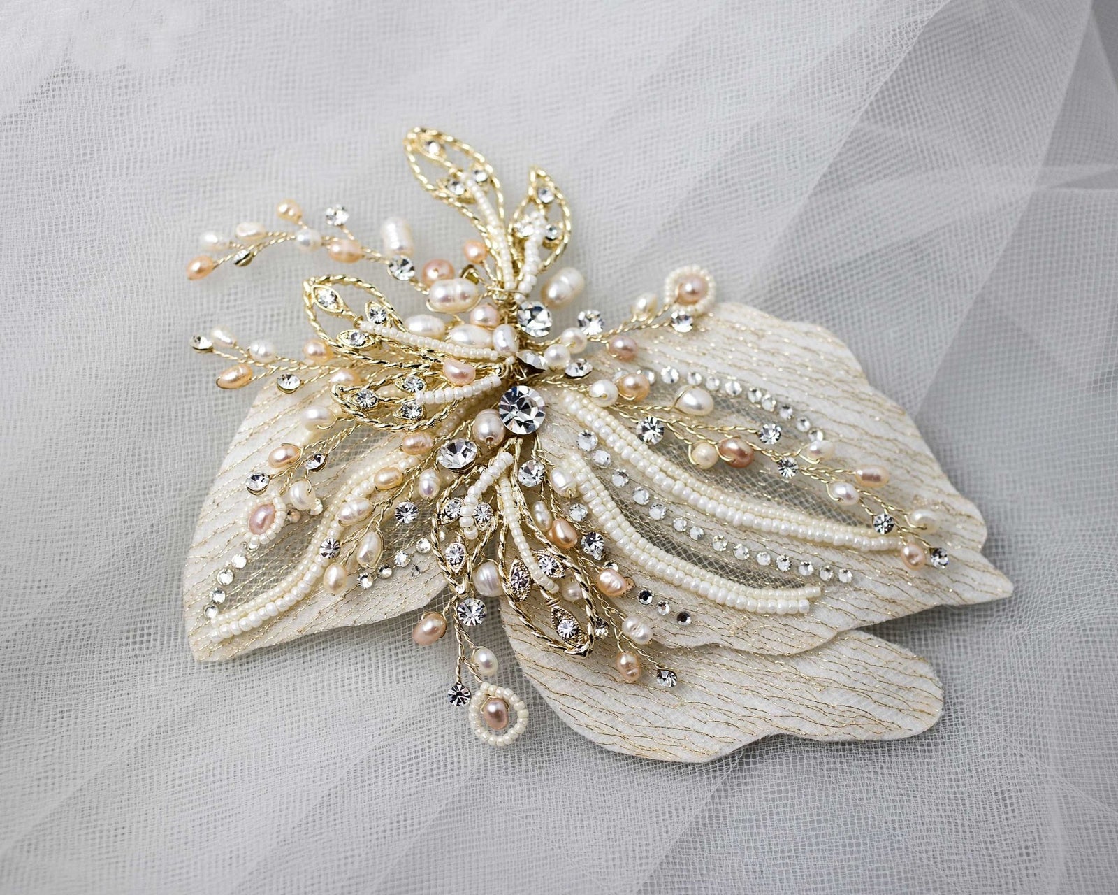 Gold and Blush Beaded Wedding Hair Clip - Hair Clips - Cassandra Lynne