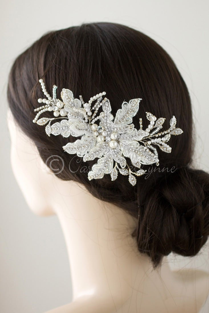 Silver and Ivory Wedding Hair Clip