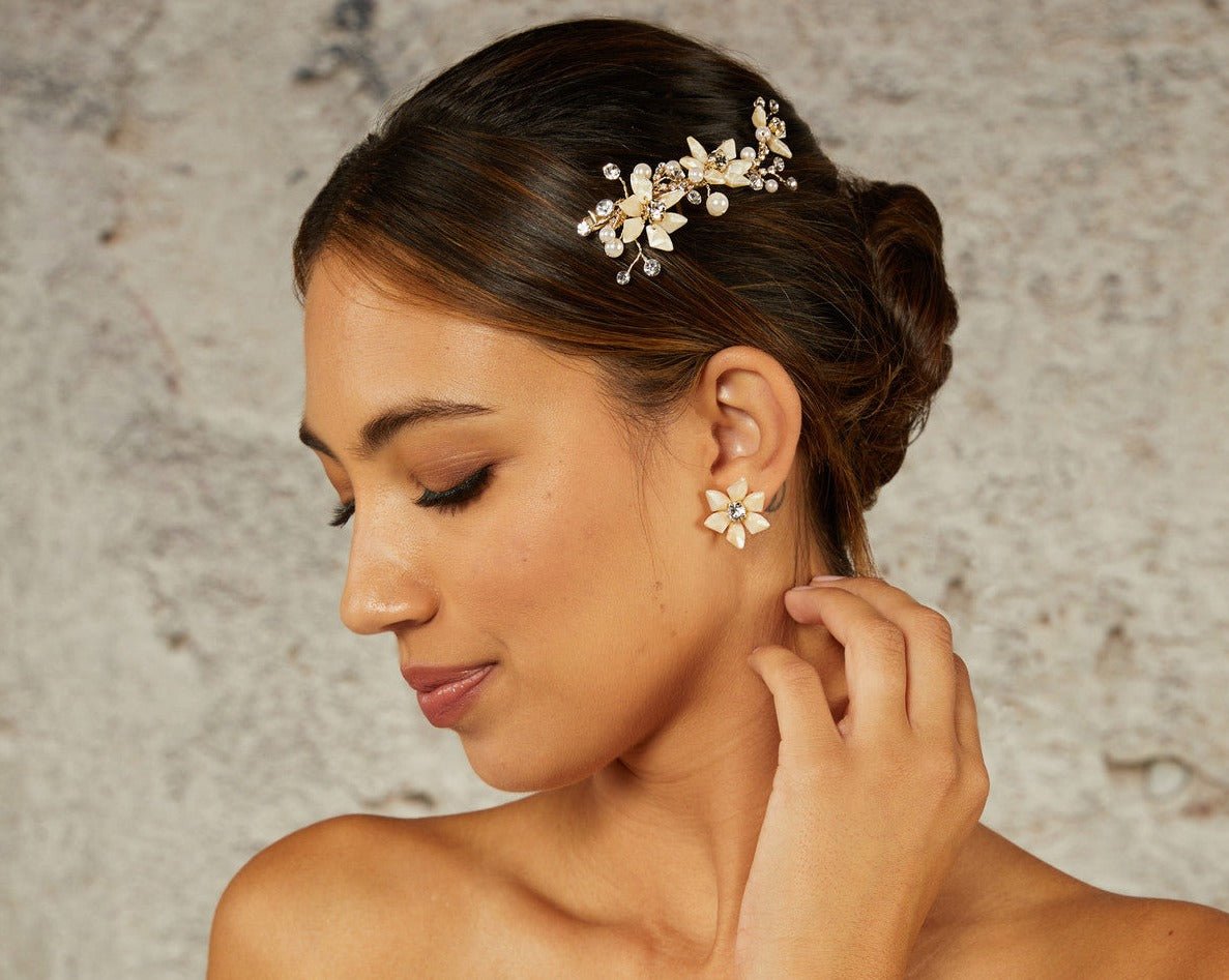 Gold Beaded Flower Bridal Hair Clip - Hair Clips - Cassandra Lynne