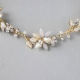 Gold Beaded Flower Bridal Headband with Opal Stones - Headband - Cassandra Lynne