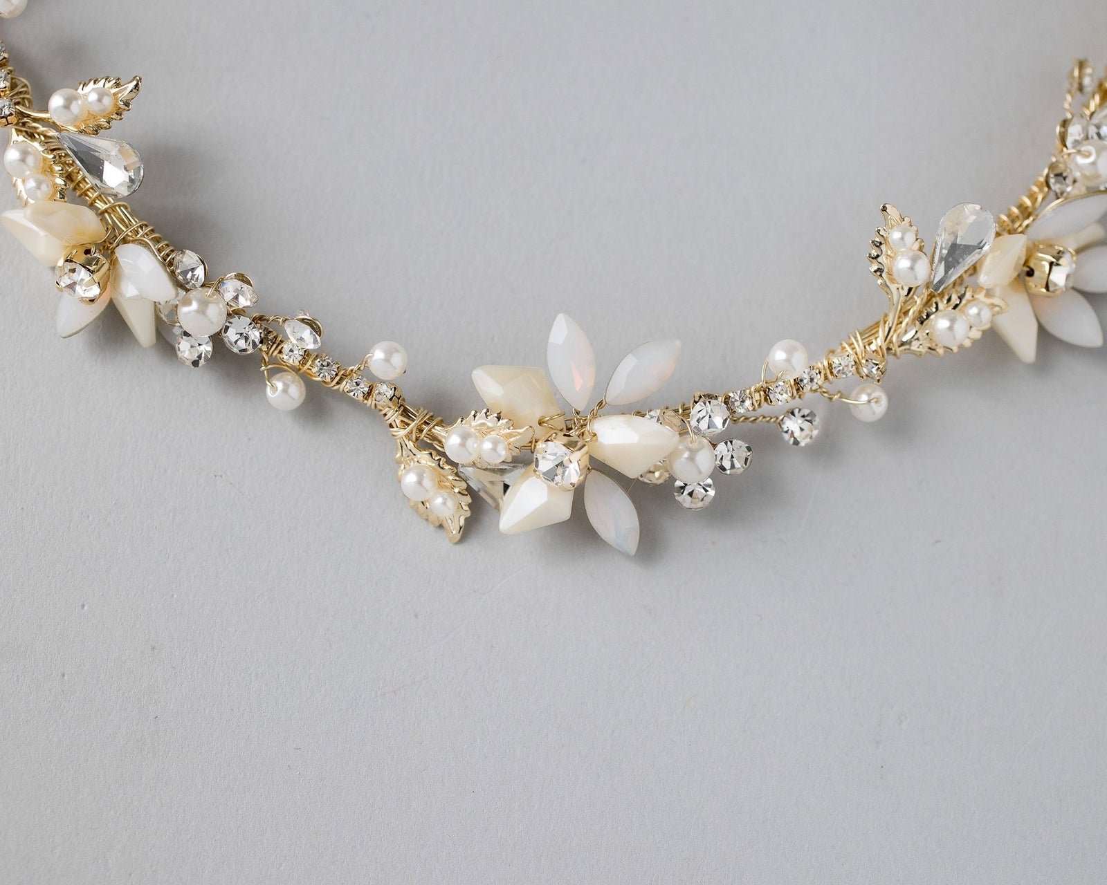 Gold Beaded Flower Bridal Headband with Opal Stones - Headband - Cassandra Lynne
