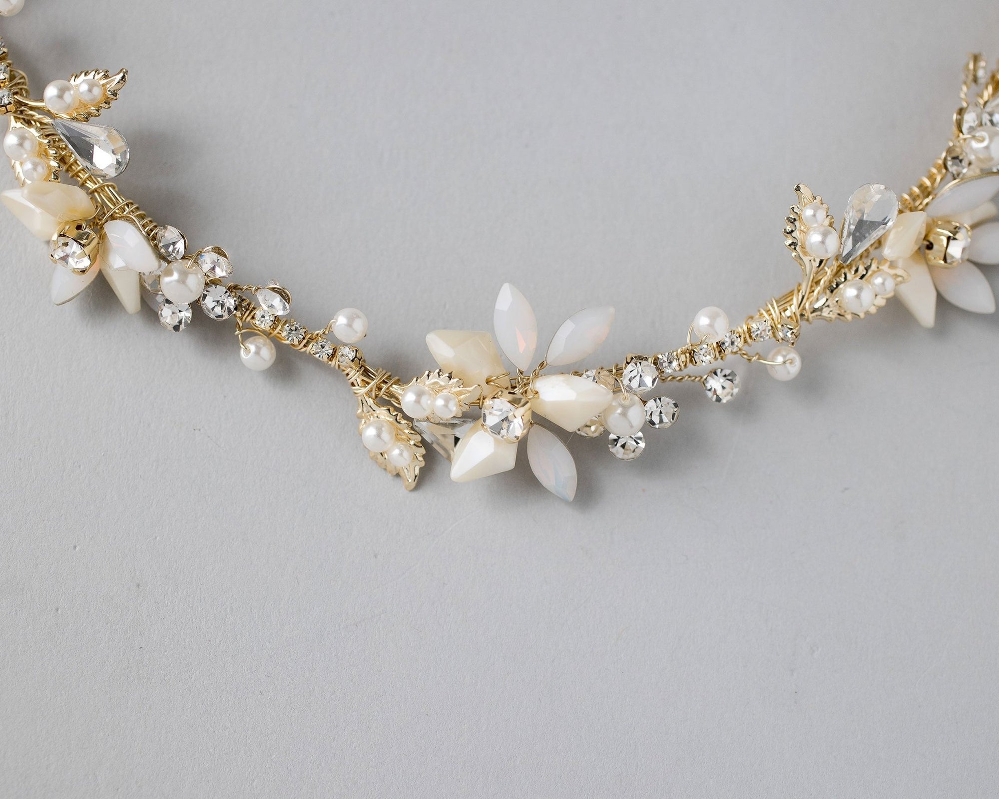 Gold Beaded Flower Bridal Headband with Opal Stones - Headband - Cassandra Lynne
