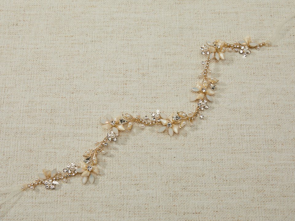 Gold Beaded Flower Bridal Headband with Opal Stones - Headband - Cassandra Lynne