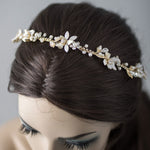 Gold Beaded Flower Bridal Headband with Opal Stones - Headband - Cassandra Lynne