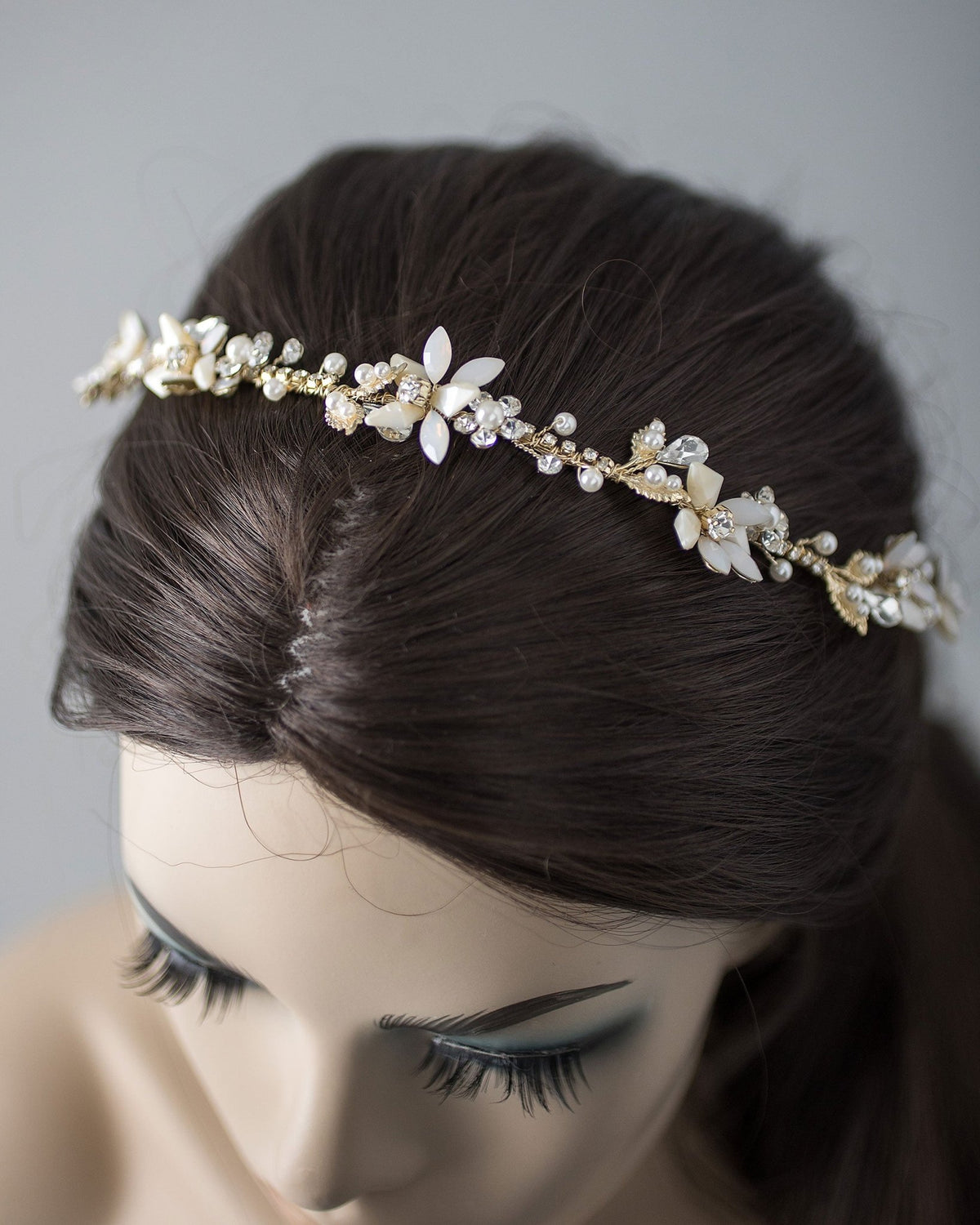 Gold Beaded Flower Bridal Headband with Opal Stones - Headband - Cassandra Lynne