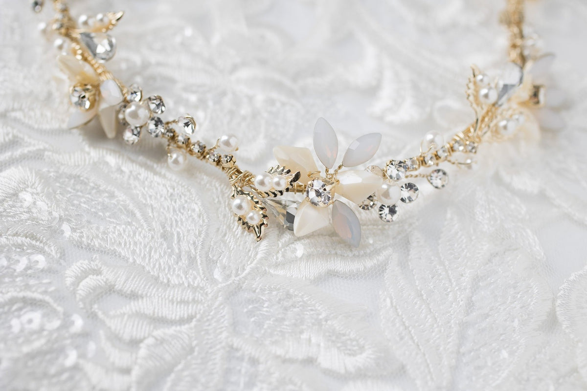 Gold Beaded Flower Bridal Headband with Opal Stones - Headband - Cassandra Lynne