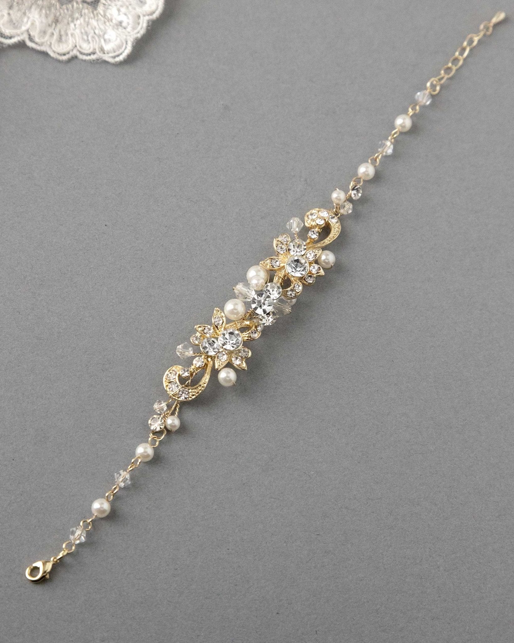 Gold Bracelet for the Bride with Pearls - Necklace Set - Cassandra Lynne