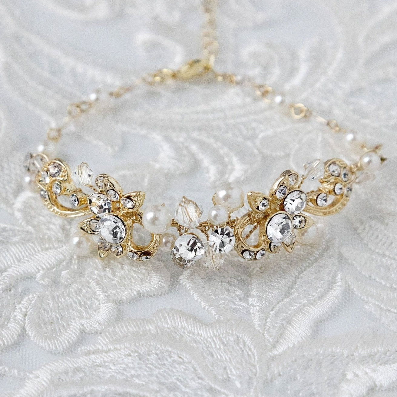Gold Bracelet for the Bride with Pearls - Necklace Set - Cassandra Lynne