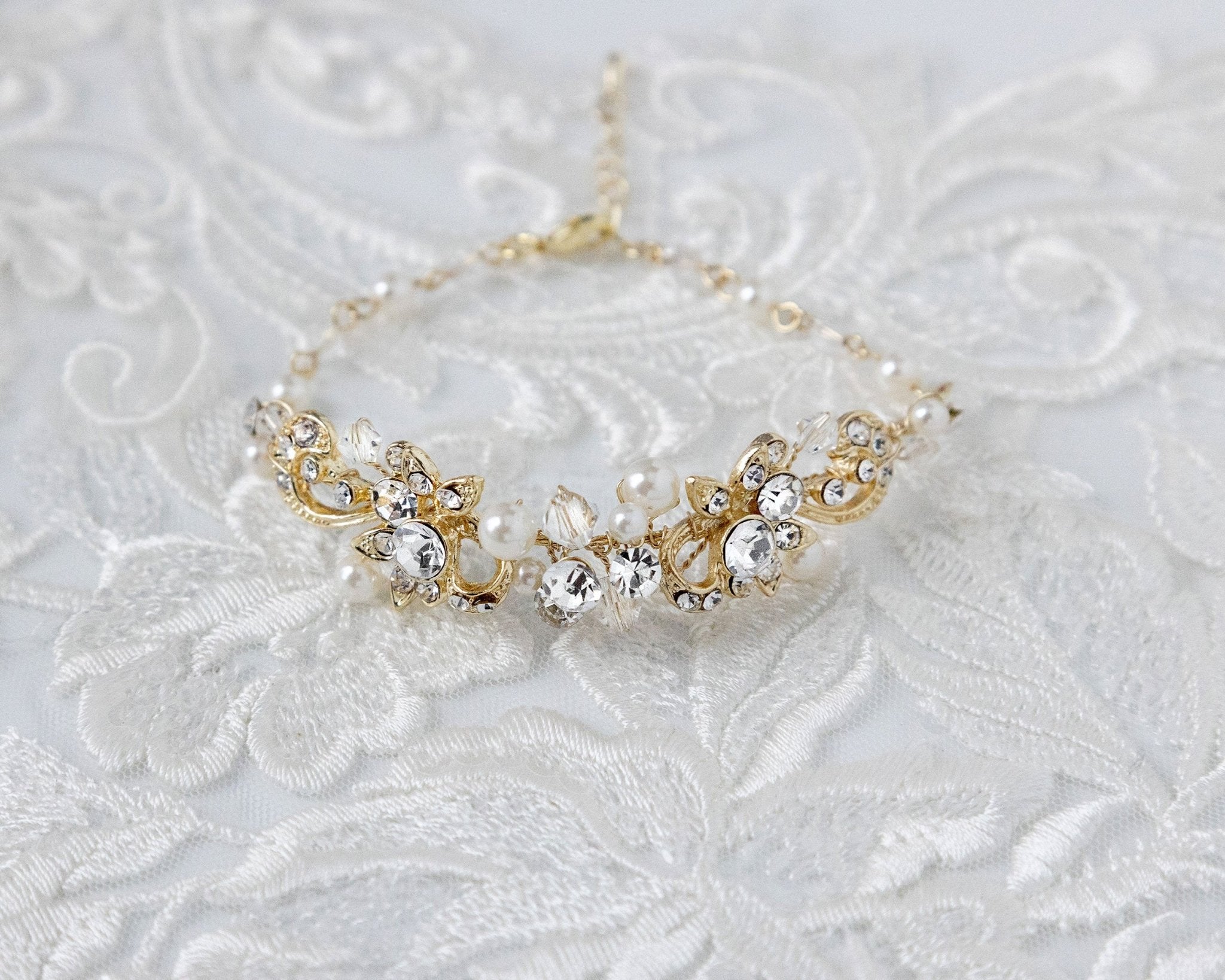 Gold Bracelet for the Bride with Pearls - Necklace Set - Cassandra Lynne