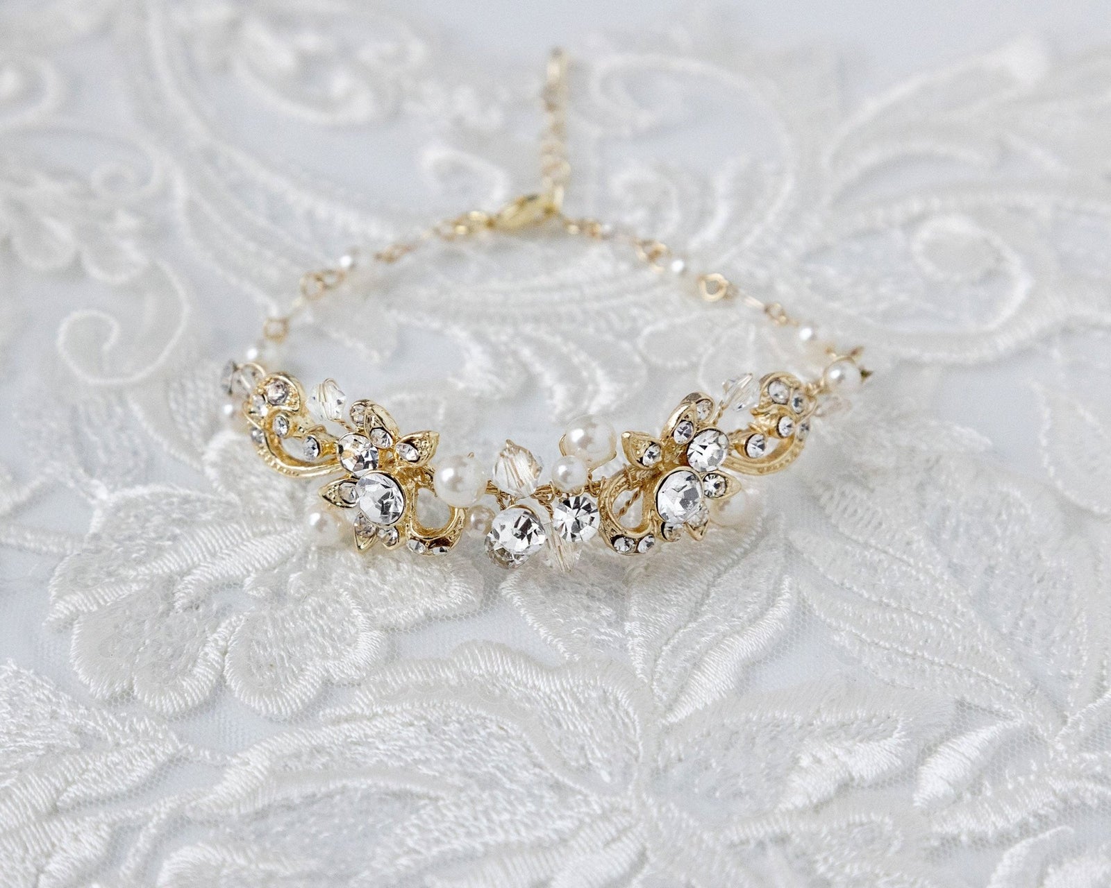 Gold Bracelet for the Bride with Pearls - Necklace Set - Cassandra Lynne