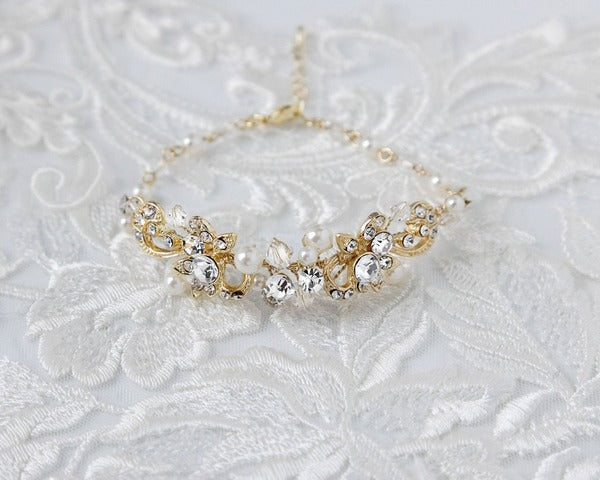 Gold Bracelet for the Bride with Pearls - Necklace Set - Cassandra Lynne
