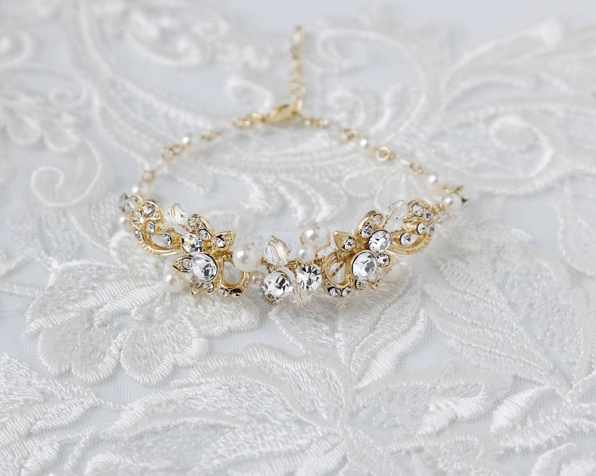 Gold Bracelet for the Bride with Pearls - Necklace Set - Cassandra Lynne