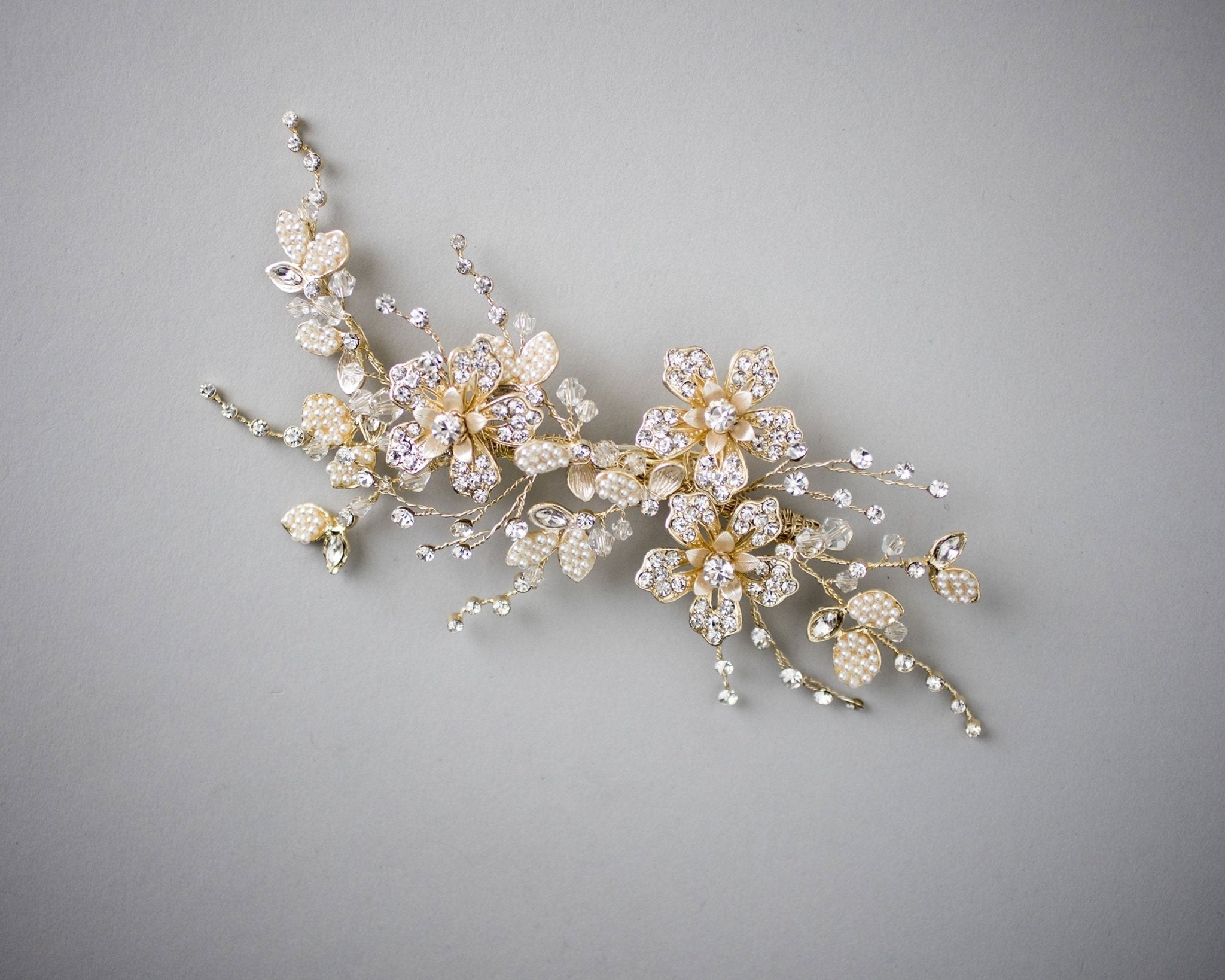 Gold Bridal Hair Clip with Pearled Leaves - Hair Clips - Cassandra Lynne