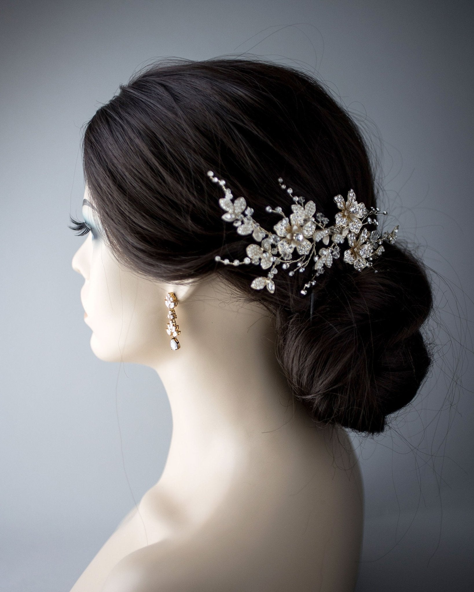 Gold Bridal Hair Clip with Pearled Leaves - Hair Clips - Cassandra Lynne