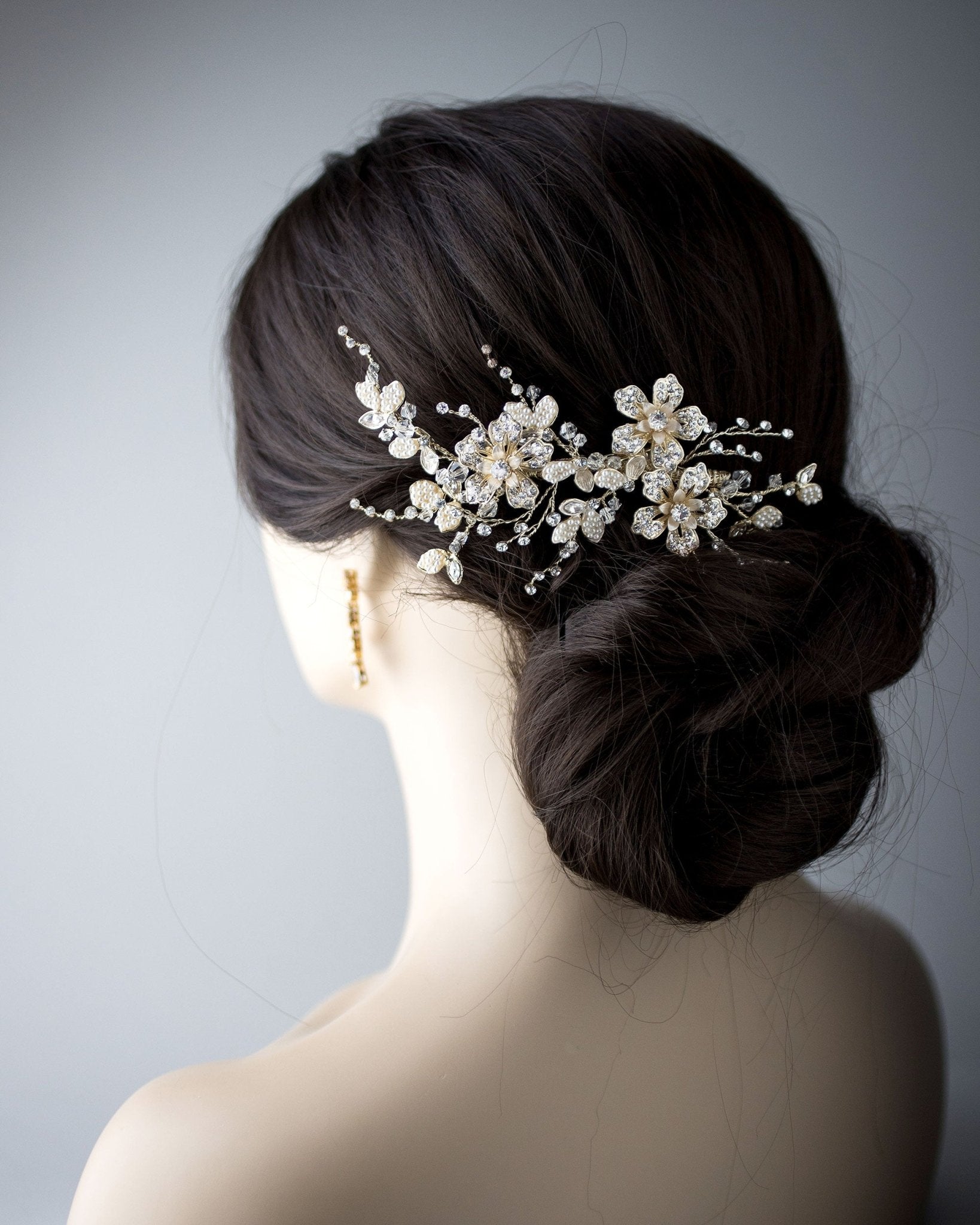 Gold Bridal Hair Clip with Pearled Leaves - Hair Clips - Cassandra Lynne