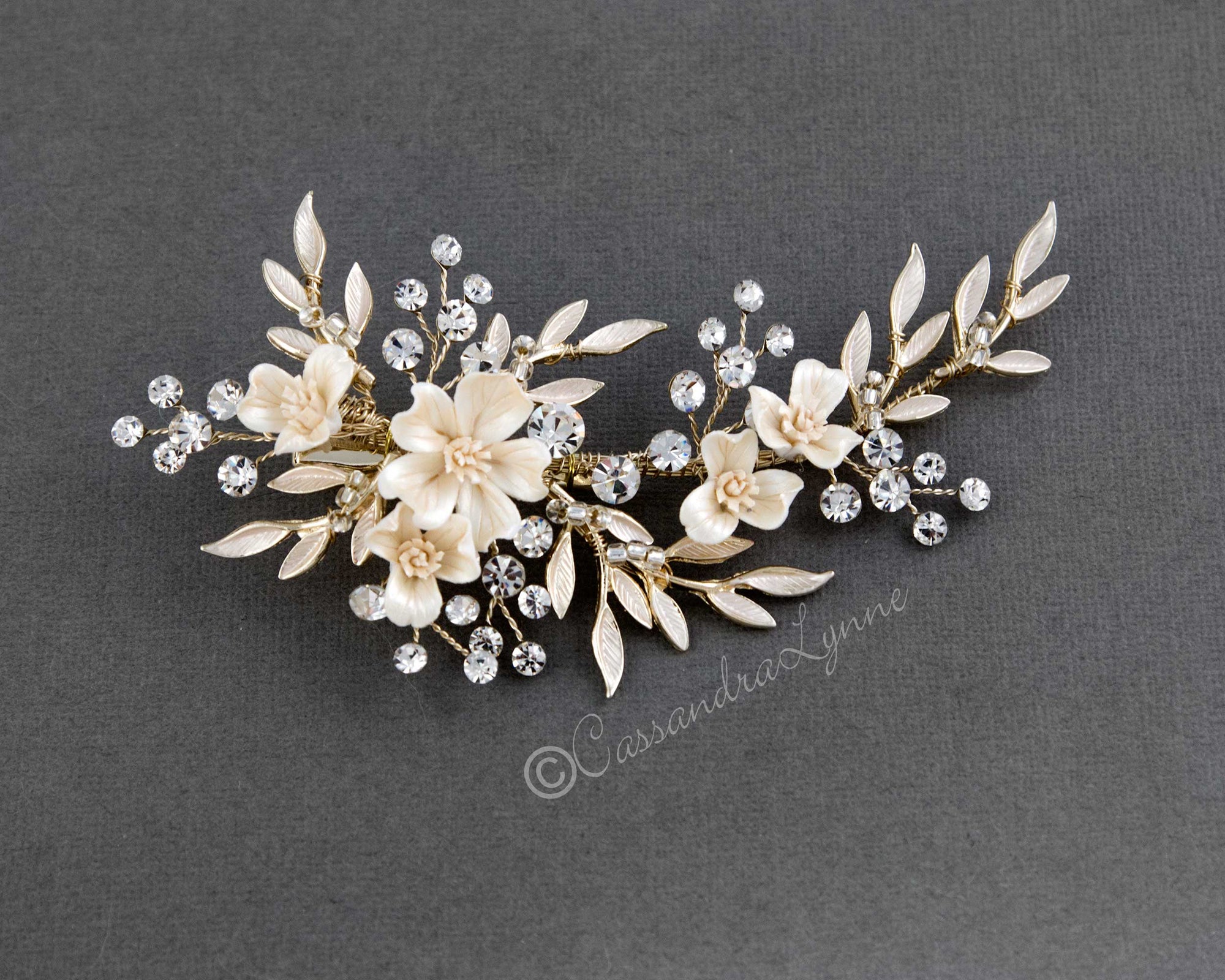 Porcelain Ivory Flowers and Crystals Bridal Clip