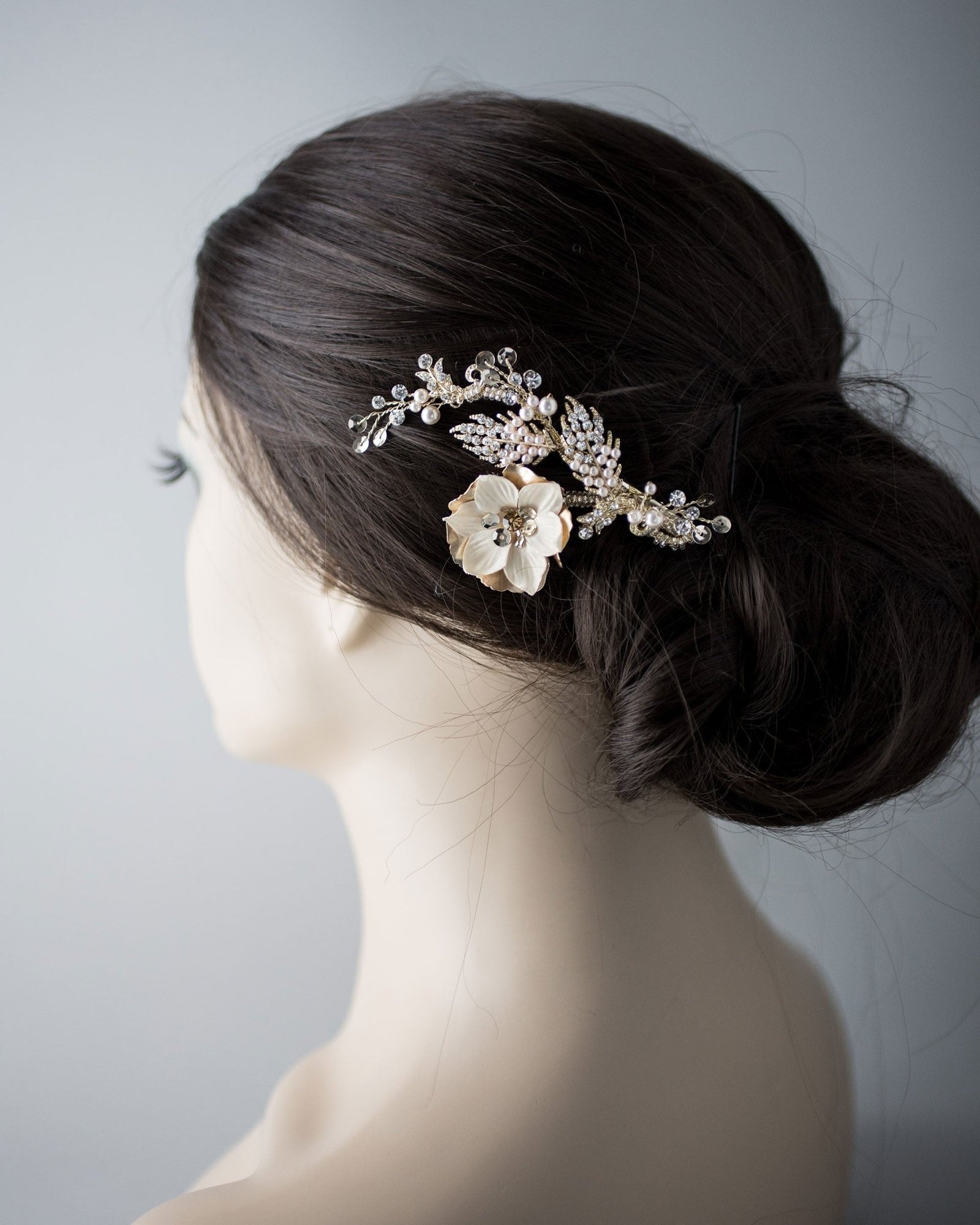 Gold Bridal Hair Flower with Blush Pearls - Hair Clips - Cassandra Lynne