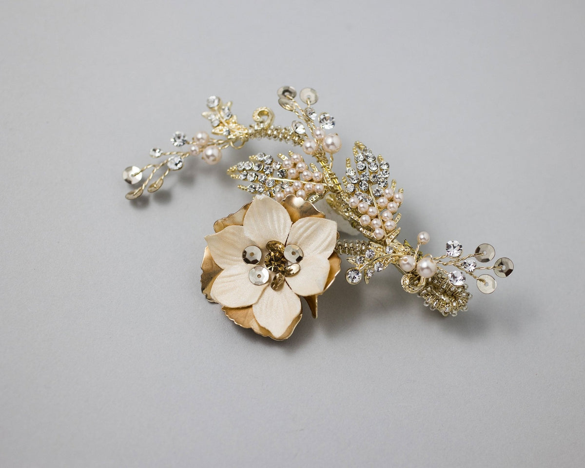 Gold Bridal Hair Flower with Blush Pearls - Hair Clips - Cassandra Lynne