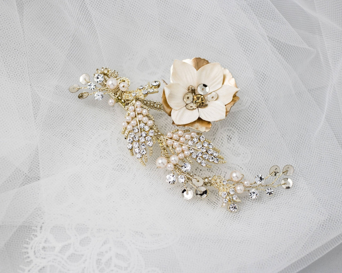 Gold Bridal Hair Flower with Blush Pearls - Hair Clips - Cassandra Lynne