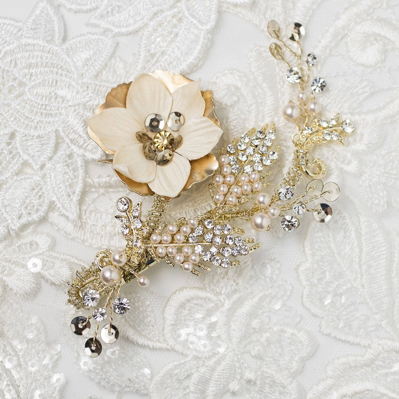 Gold Bridal Hair Flower with Blush Pearls - Hair Clips - Cassandra Lynne