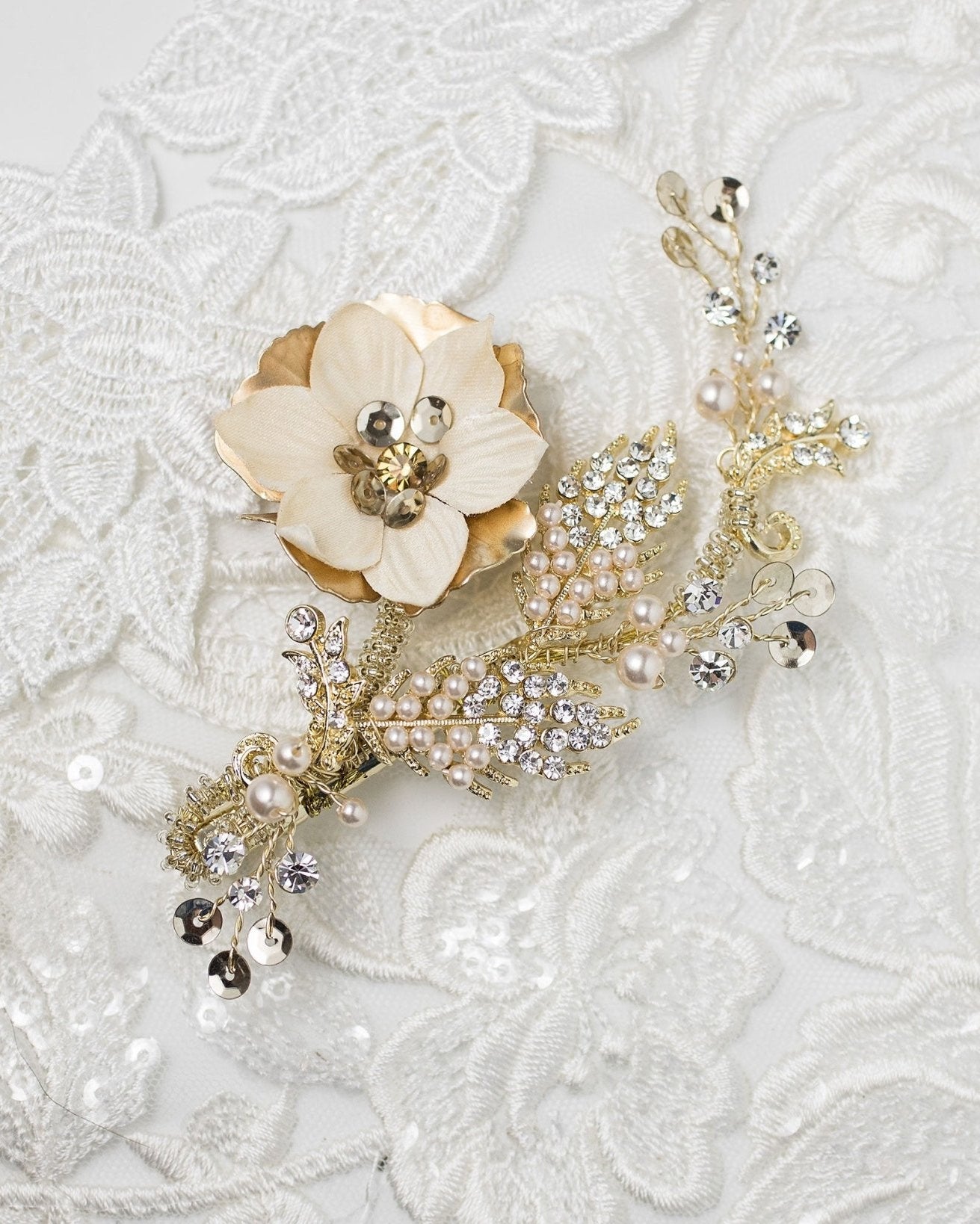 Gold Bridal Hair Flower with Blush Pearls - Hair Clips - Cassandra Lynne