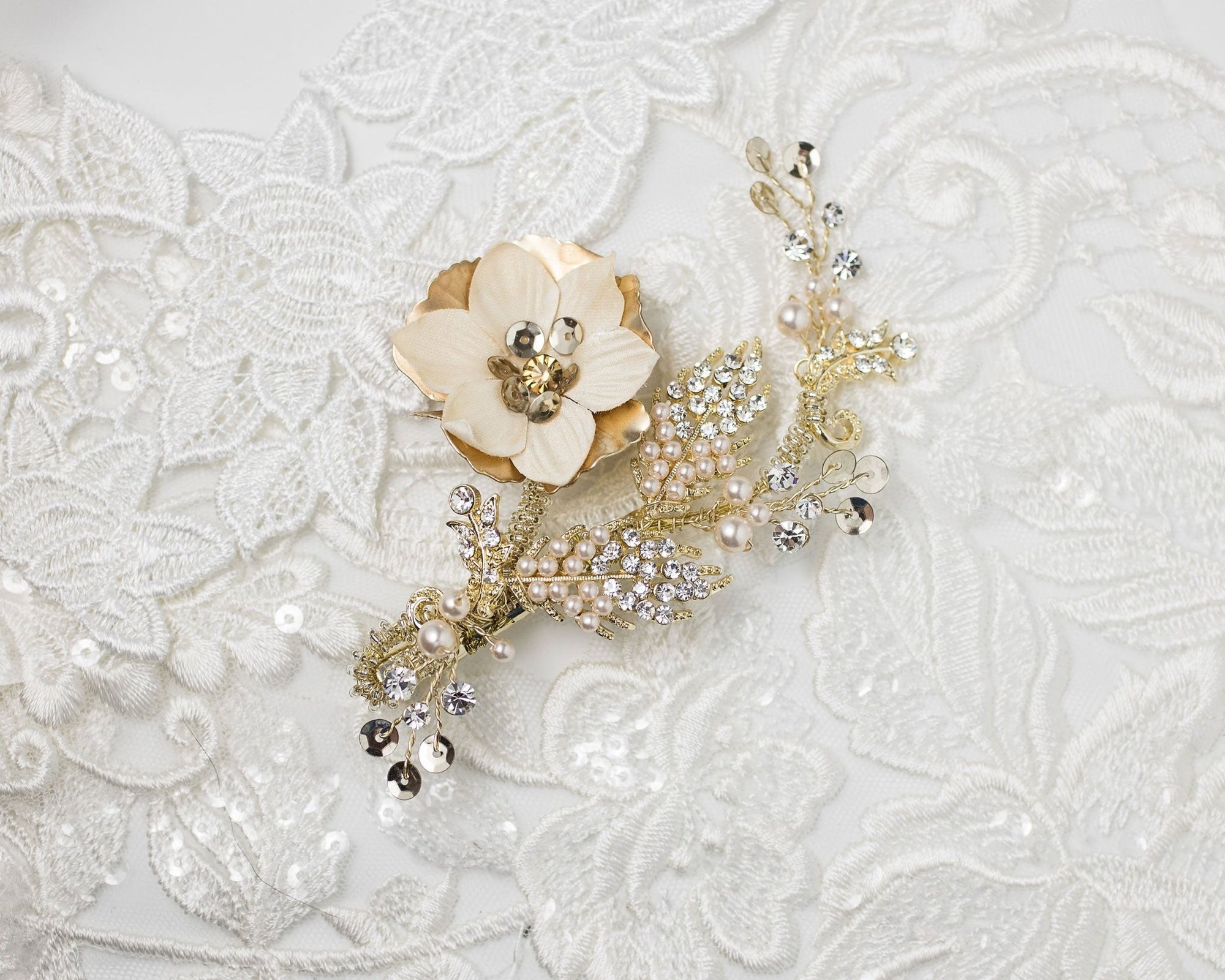 Gold Bridal Hair Flower with Blush Pearls - Hair Clips - Cassandra Lynne