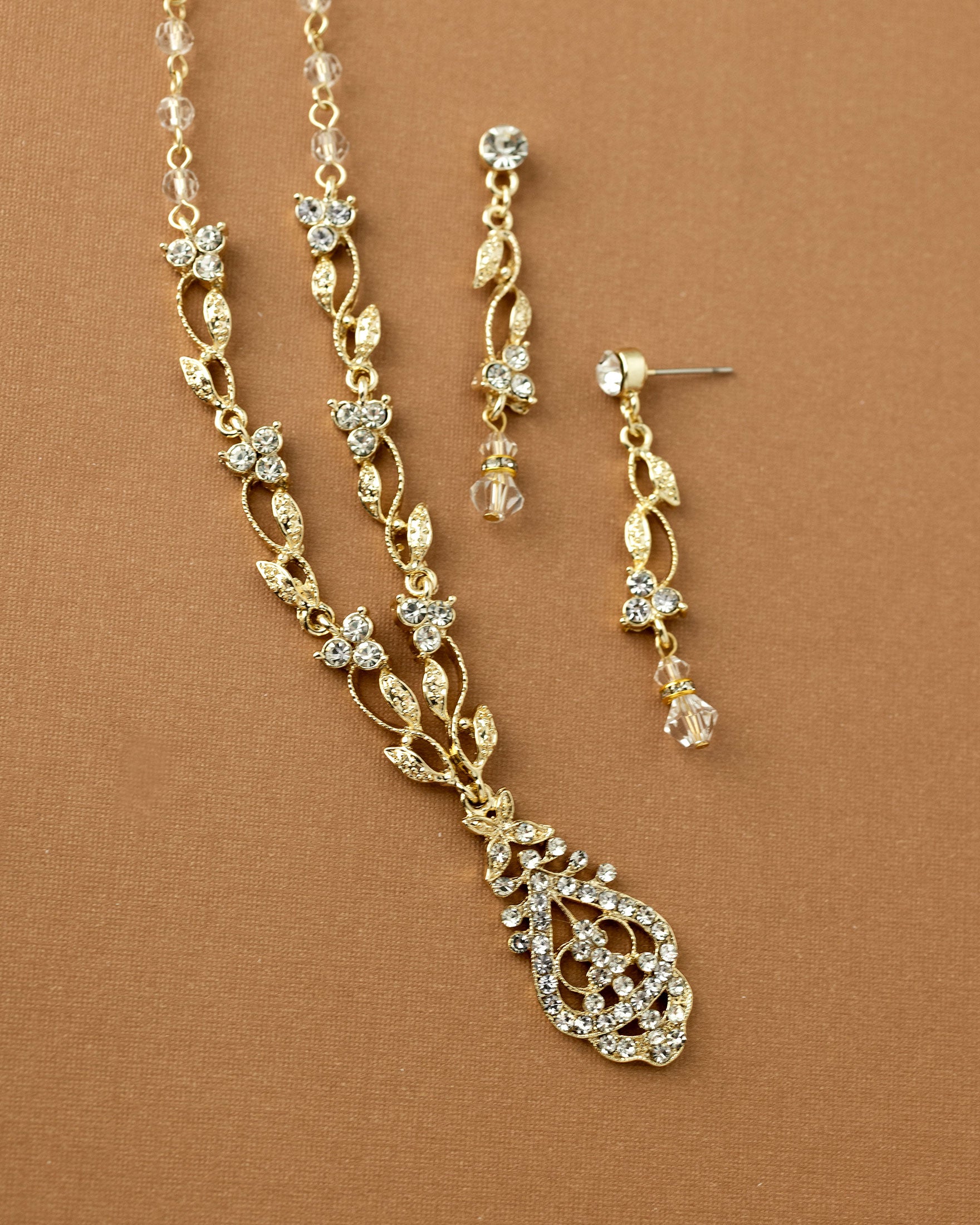 Vintage Drop and Vines Crystal Necklace Set Gold - Cassandra Lynne