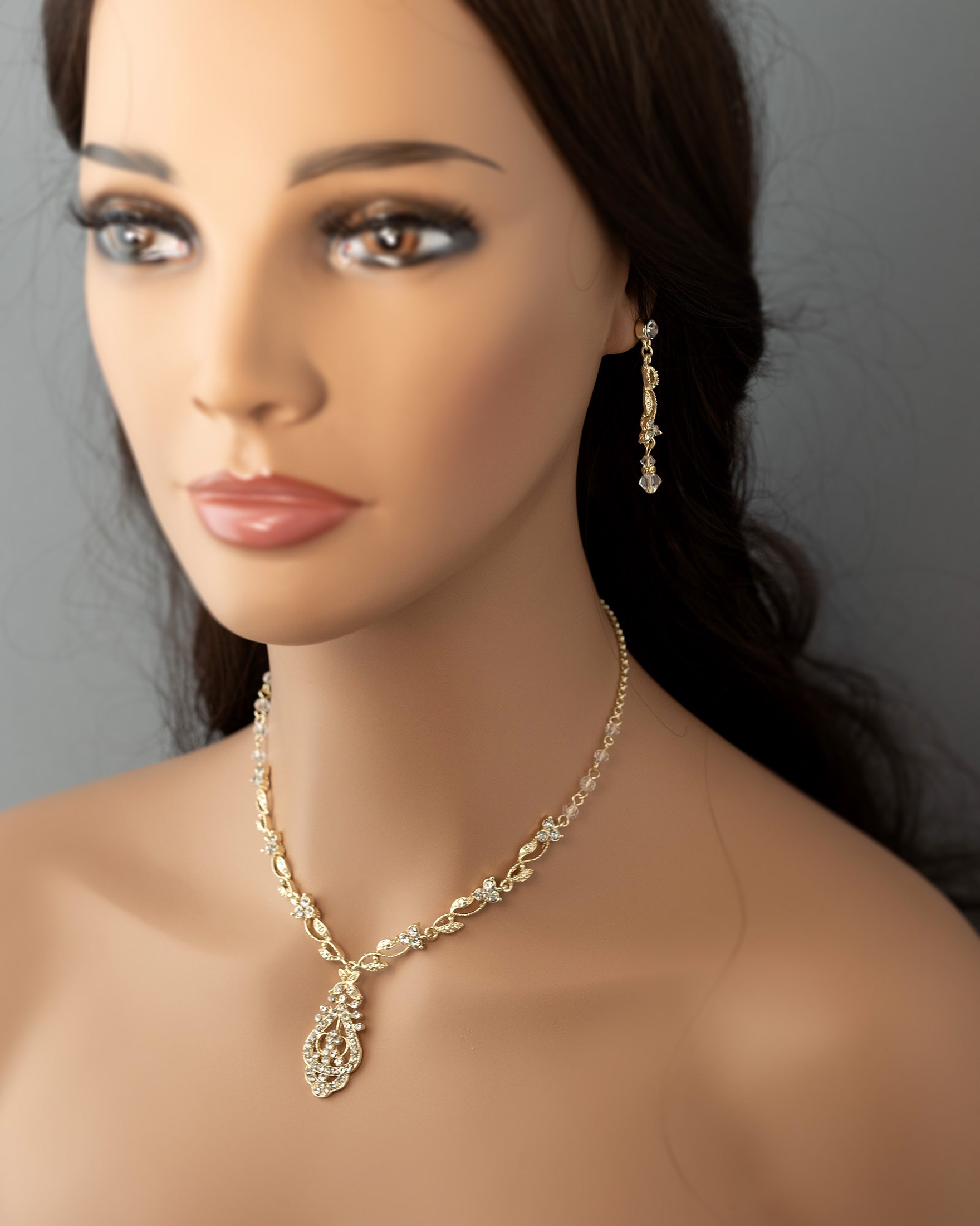 Vintage Drop and Vines Crystal Necklace Set Gold - Cassandra Lynne