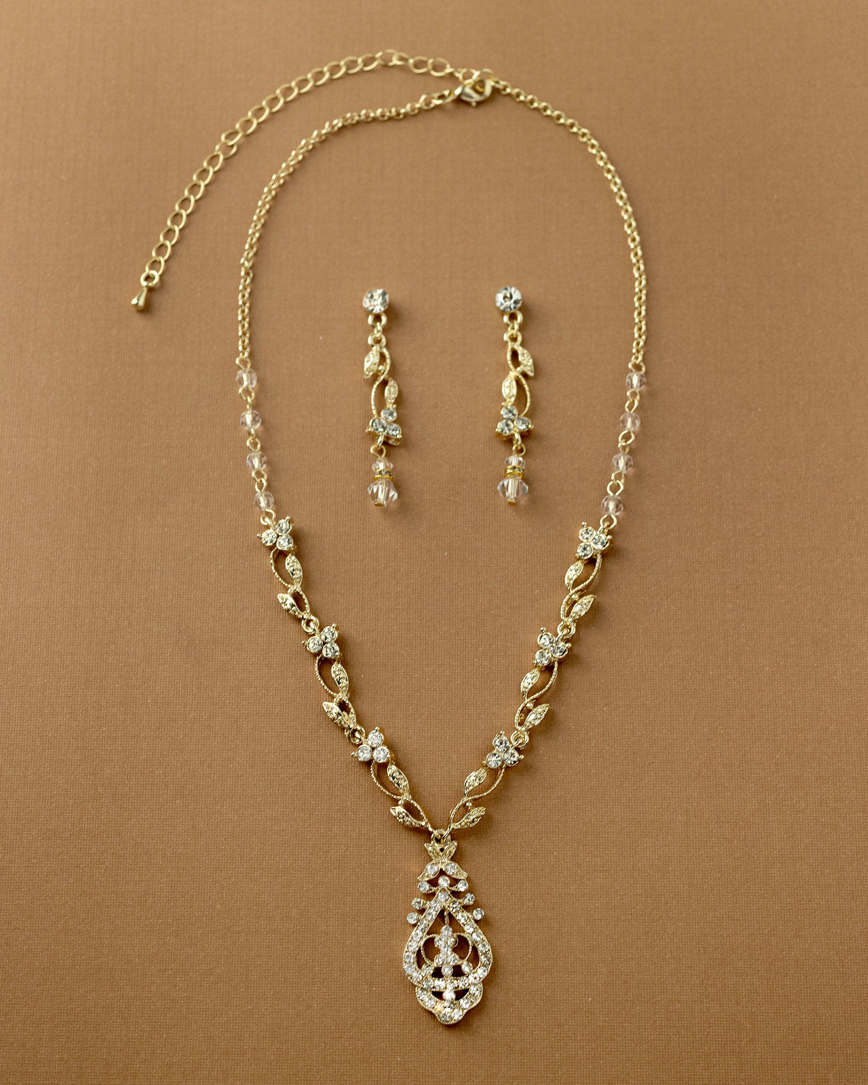 Vintage Drop and Vines Crystal Necklace Set Gold - Cassandra Lynne