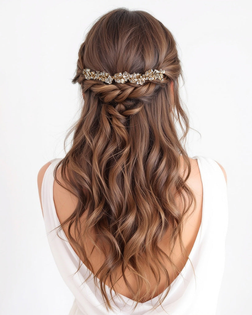 Bridal Tiara of Matte Gold Flowers and Pearls