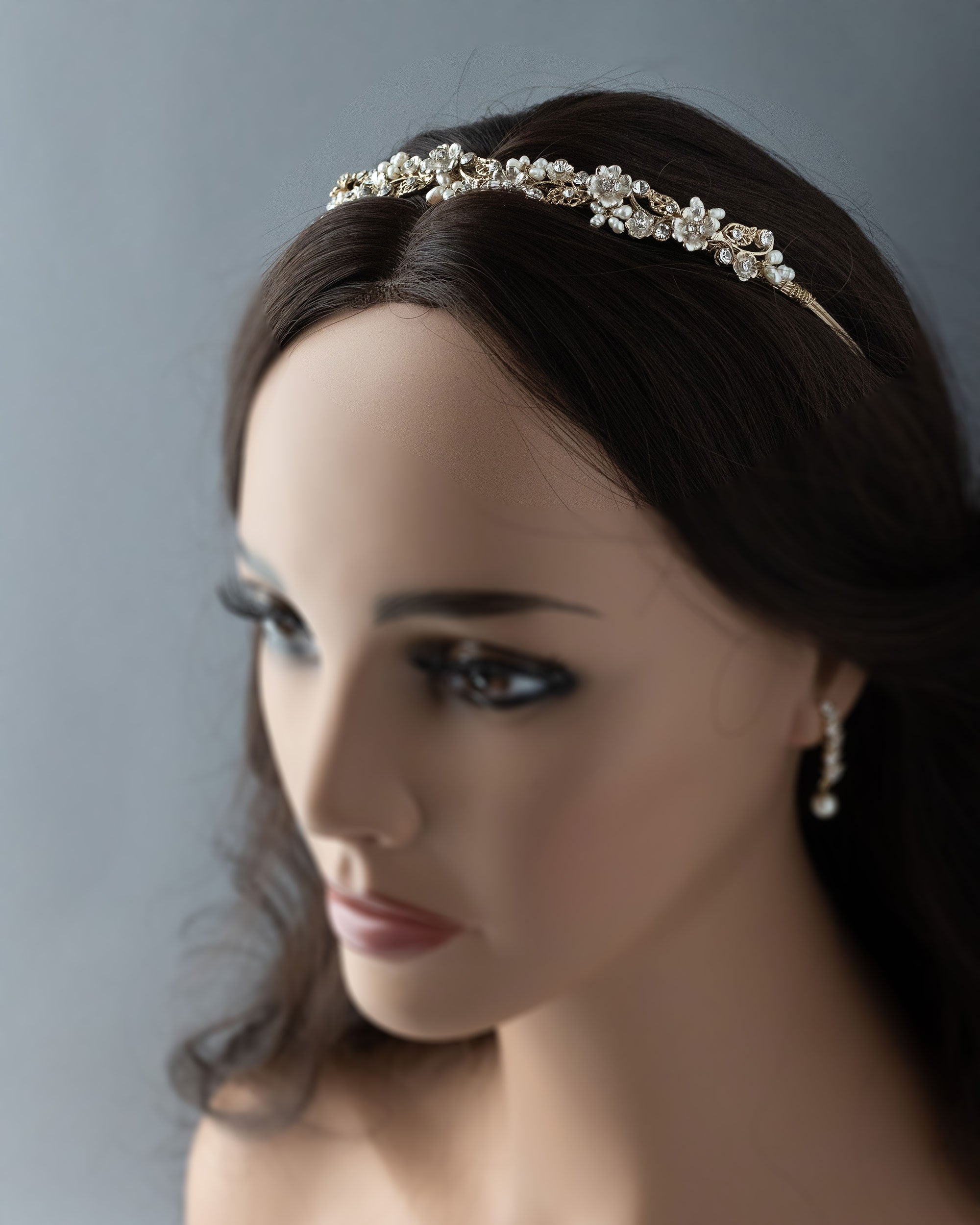 Bridal Tiara of Matte Gold Flowers and Pearls