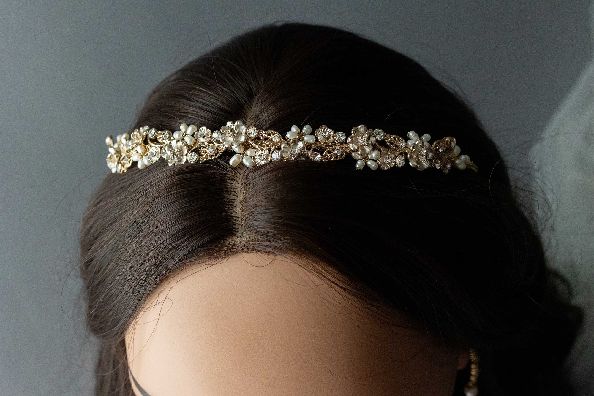 Bridal Tiara of Matte Gold Flowers and Pearls