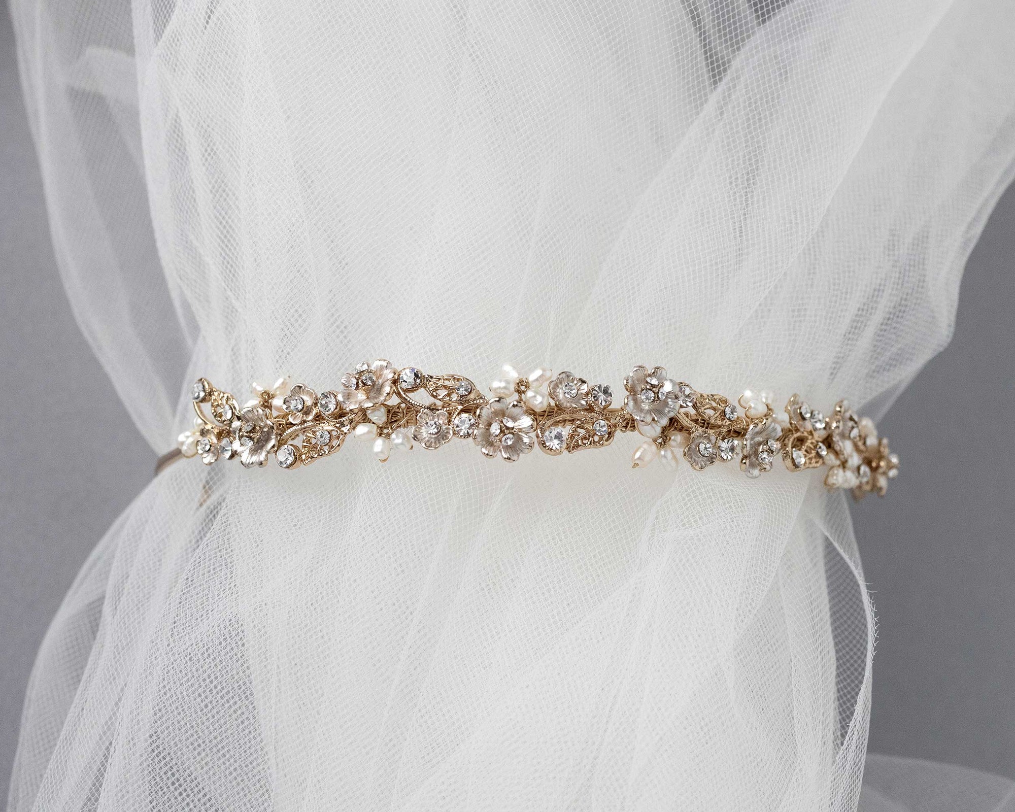 Bridal Tiara of Matte Gold Flowers and Pearls