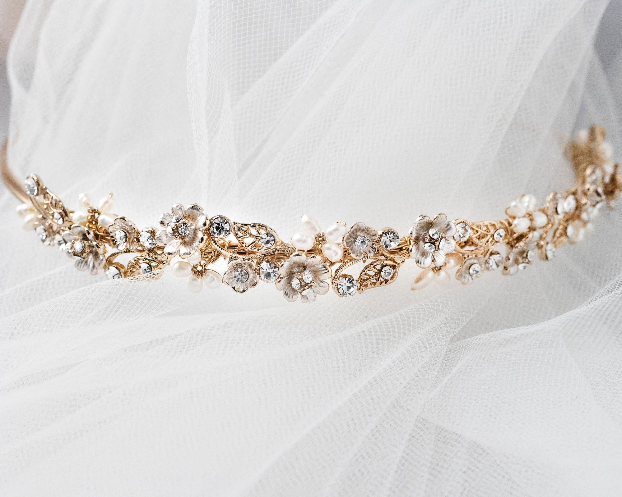 Bridal Tiara of Matte Gold Flowers and Pearls