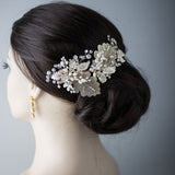 Gold Lace Leaf Wedding Clip with Cultured Pearls - Hair Clips - Cassandra Lynne