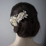 Gold Lace Leaf Wedding Clip with Cultured Pearls - Hair Clips - Cassandra Lynne