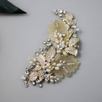 Gold Lace Leaf Wedding Clip with Cultured Pearls - Hair Clips - Cassandra Lynne